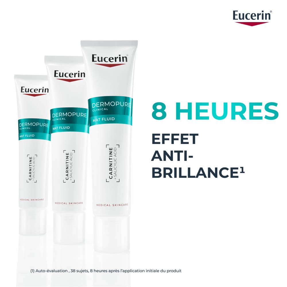 Eucerin Dermopure Clinical Mat Fluid. Trois tubes côte à côte.