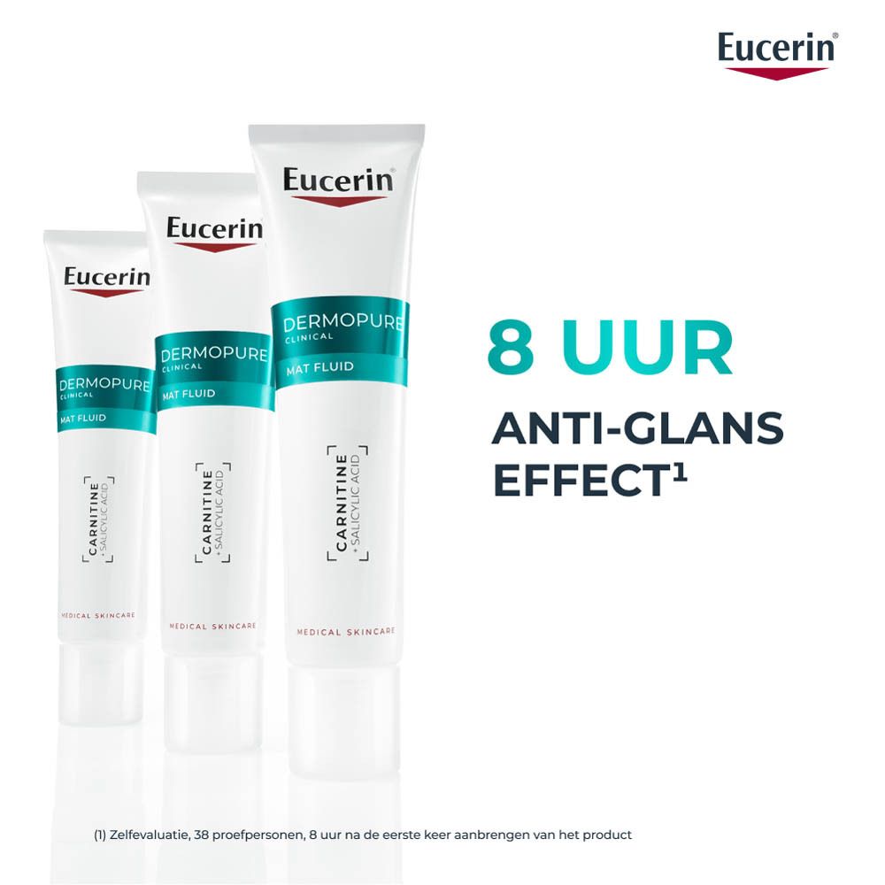 Eucerin Dermopure Clinical Mat Fluid. Drie tubes naast elkaar.