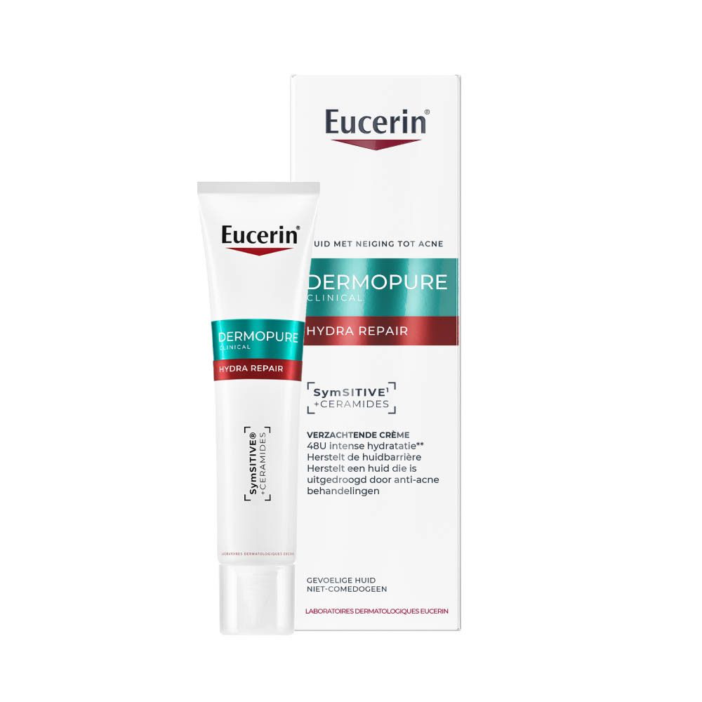 Eucerin tube en doos. Wit, met blauwe en rode letters.