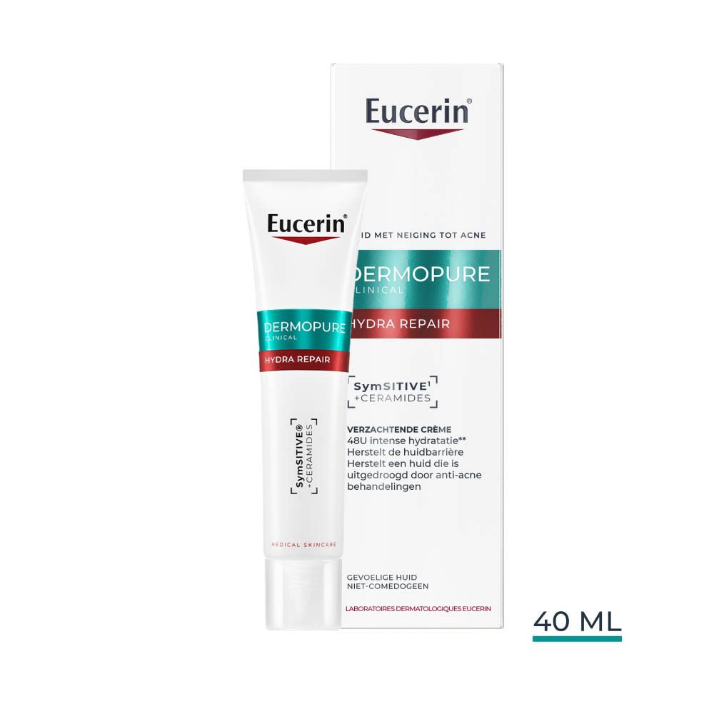 Eucerin tube en doos. 40 ml. Wit, met blauwe en rode letters.
