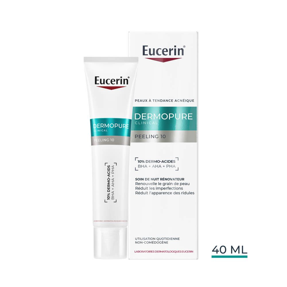 Eucerin Dermopure Clinical Peeling 10 et emballage. Produit et emballage côte à côte.