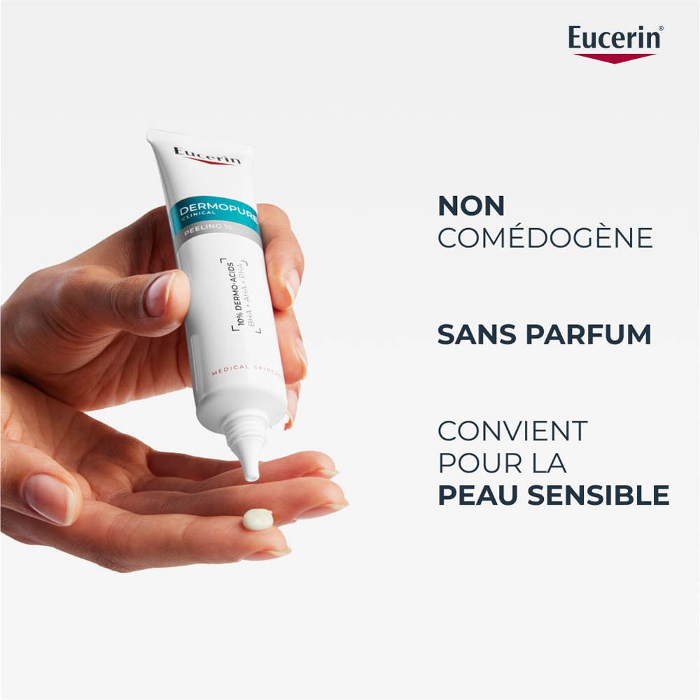 Eucerin Dermopure Clinical Peeling 10 et emballage. Produit et emballage côte à côte.