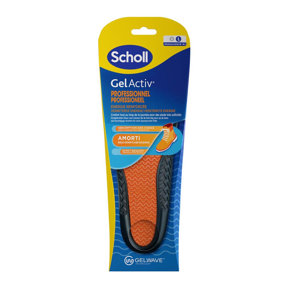 Scholl Gel Activ® Professional inlegzool in verpakking. Oranje zool met zwarte rand. Gel Activ® en Gelwave logo's.