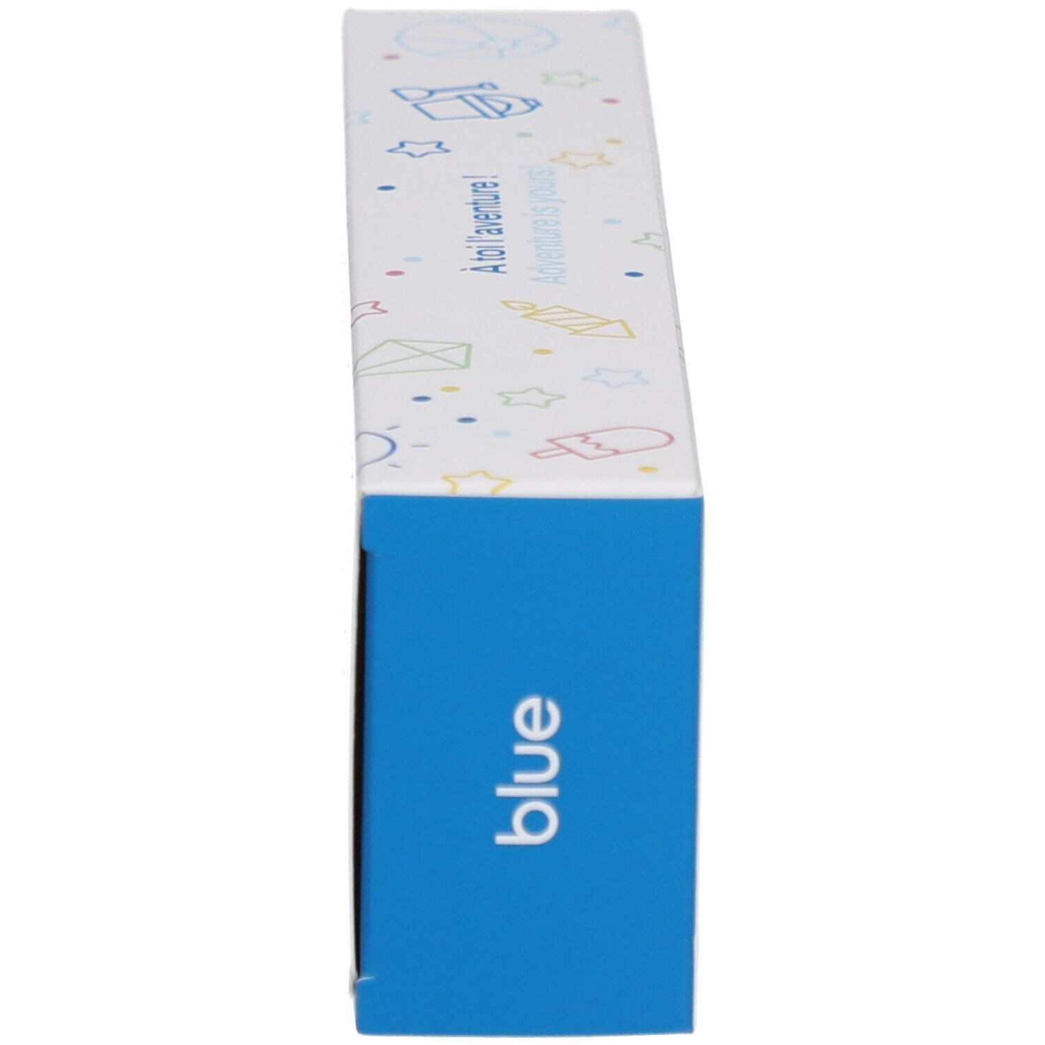 Étui de transport bleu. Le mot "blue" est écrit sur le côté. Dessins colorés sur l'emballage.