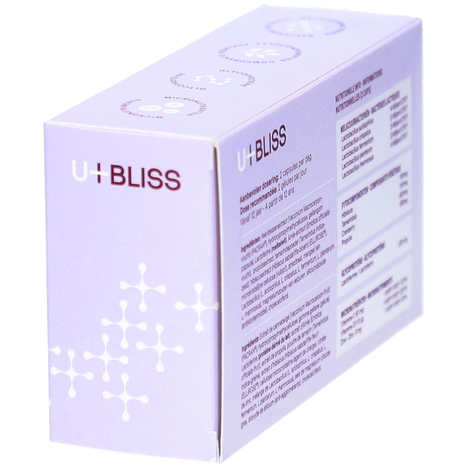Boîte lilas avec logo "U+BLISS" et texte. Contient des informations sur les ingrédients et le dosage.