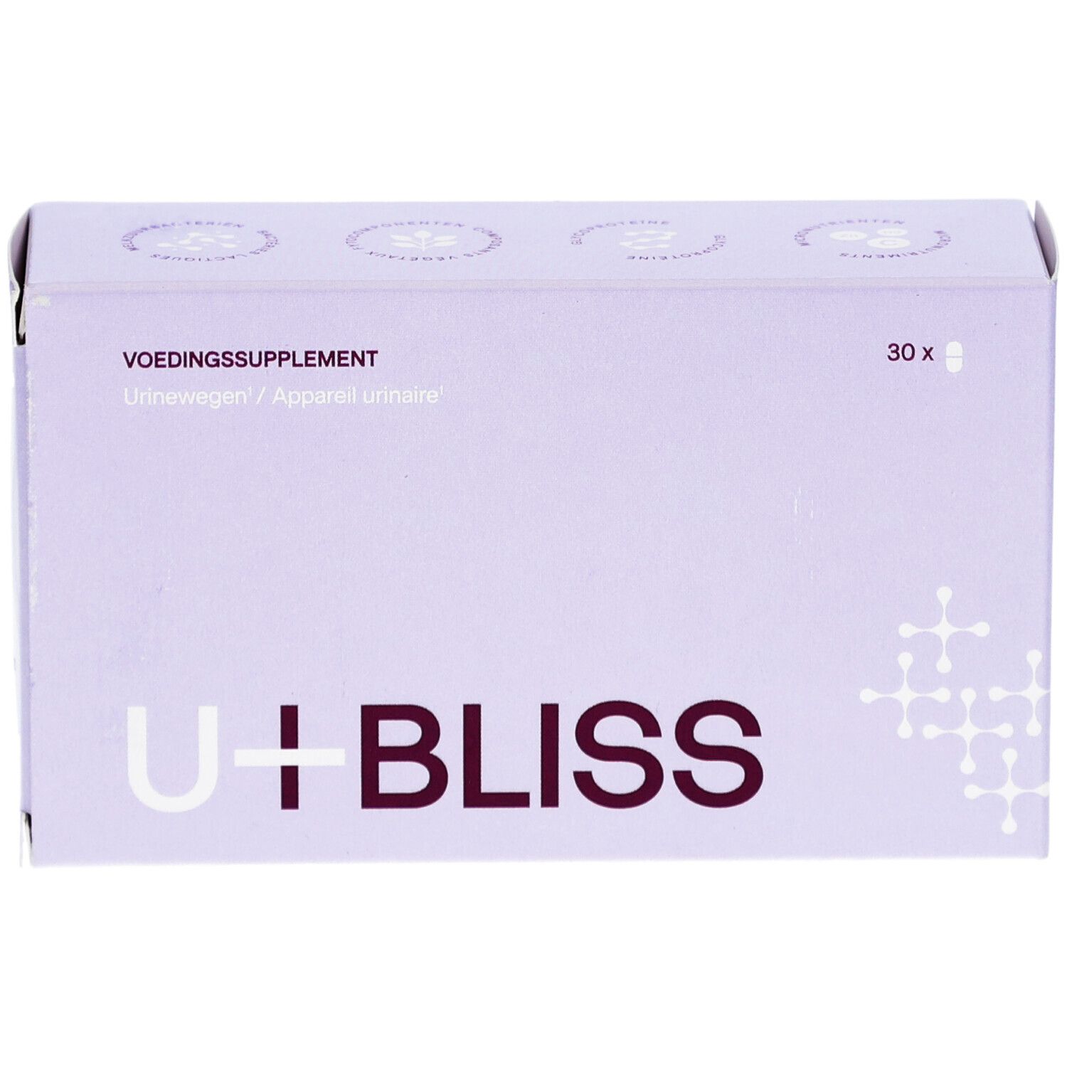 Boîte lilas avec logo "U+BLISS" et texte. Contient 30 gélules. Inscription: Complément alimentaire pour les voies urinaires.