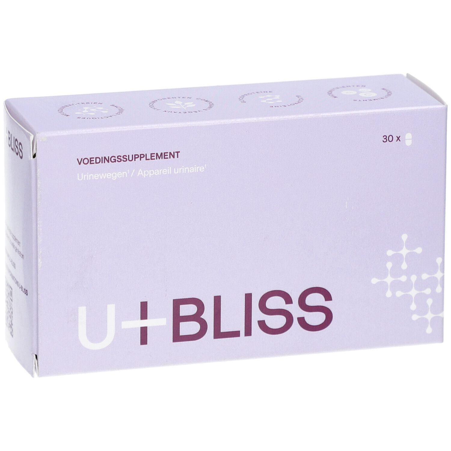 Boîte lilas avec logo "U+BLISS" et texte. Contient 30 gélules. Inscription: Complément alimentaire pour les voies urinaires.