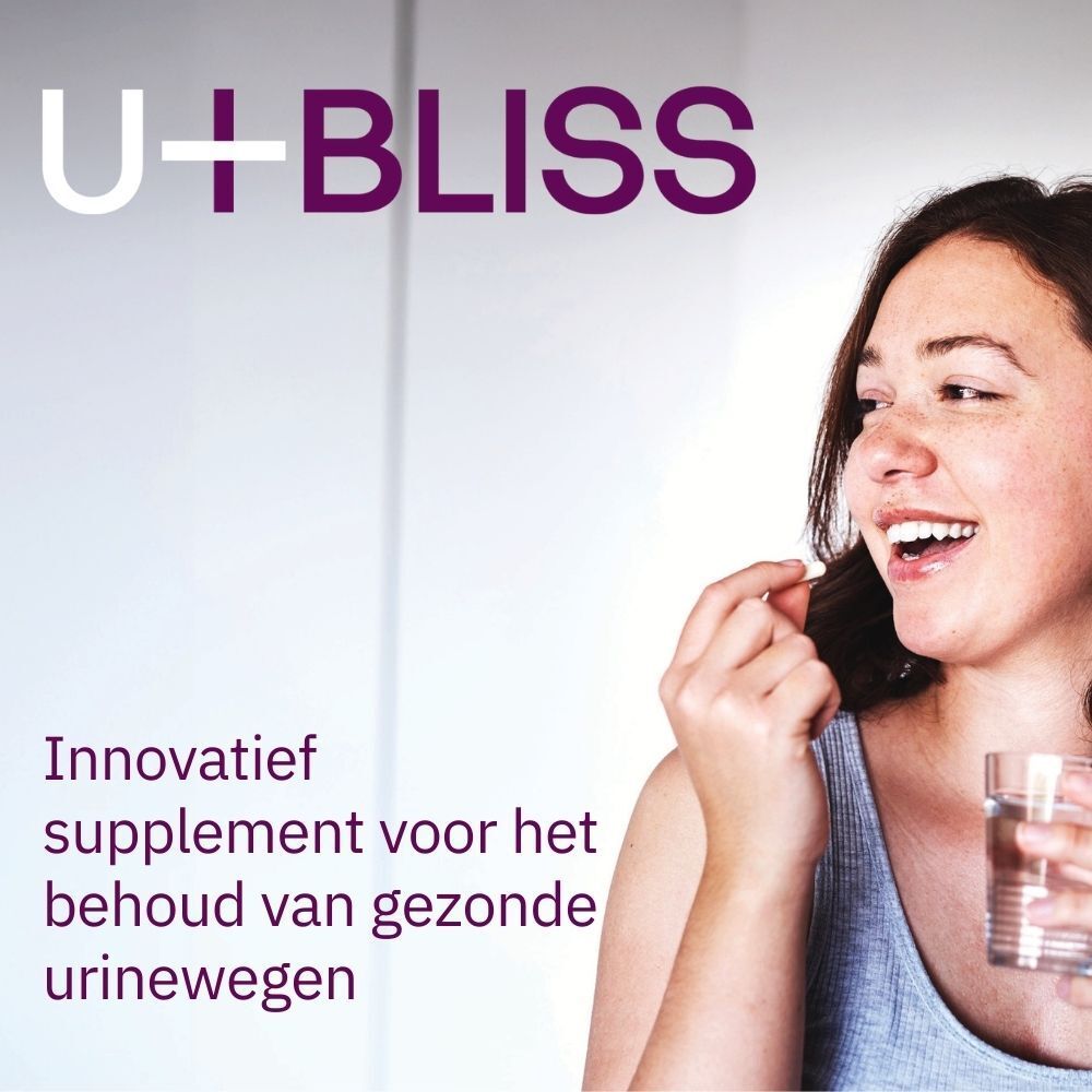 Een vrouw houdt een tablet en een glas water vast. Boven haar staat "U+BLISS". Daaronder staat "Innovatief supplement voor het behoud van gezonde urinewegen".
