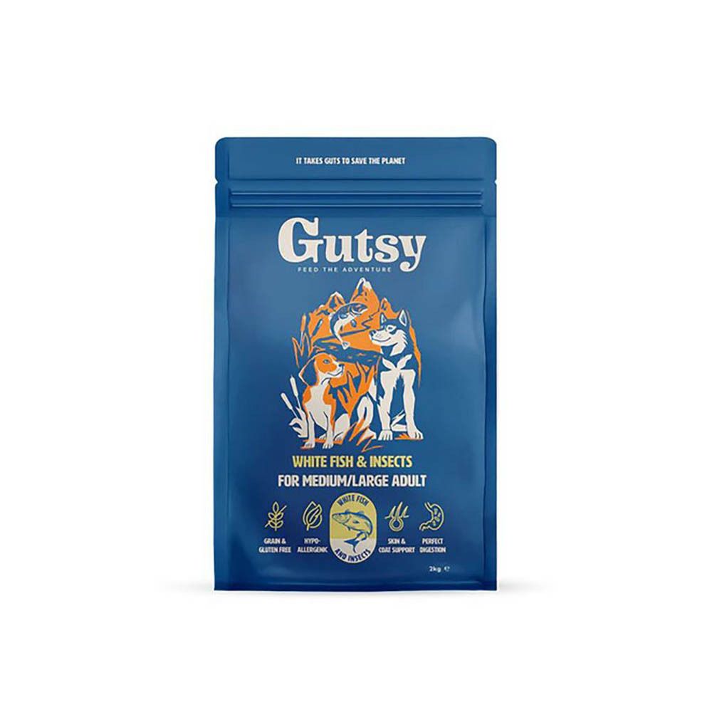 Sac bleu "Gutsy" avec chiens et poissons. Texte : "White Fish & Insects for Medium/Large Adult".