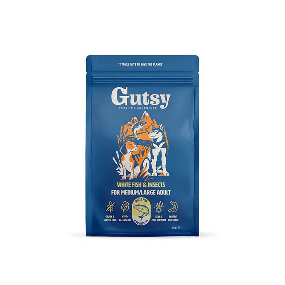 Sachet bleu avec logo Gutsy et illustration de chiens et poissons. Texte : White Fish & Insects for Medium/Large Adult. Sans gluten, hypoallergénique.