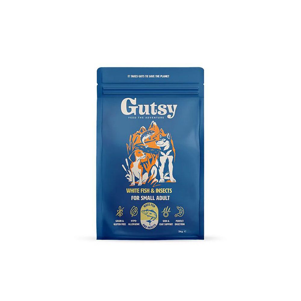 Sac bleu de nourriture pour chiens Gutsy. Inscription : Poisson blanc & insectes pour petits chiens adultes. Illustration de chiens et poissons.