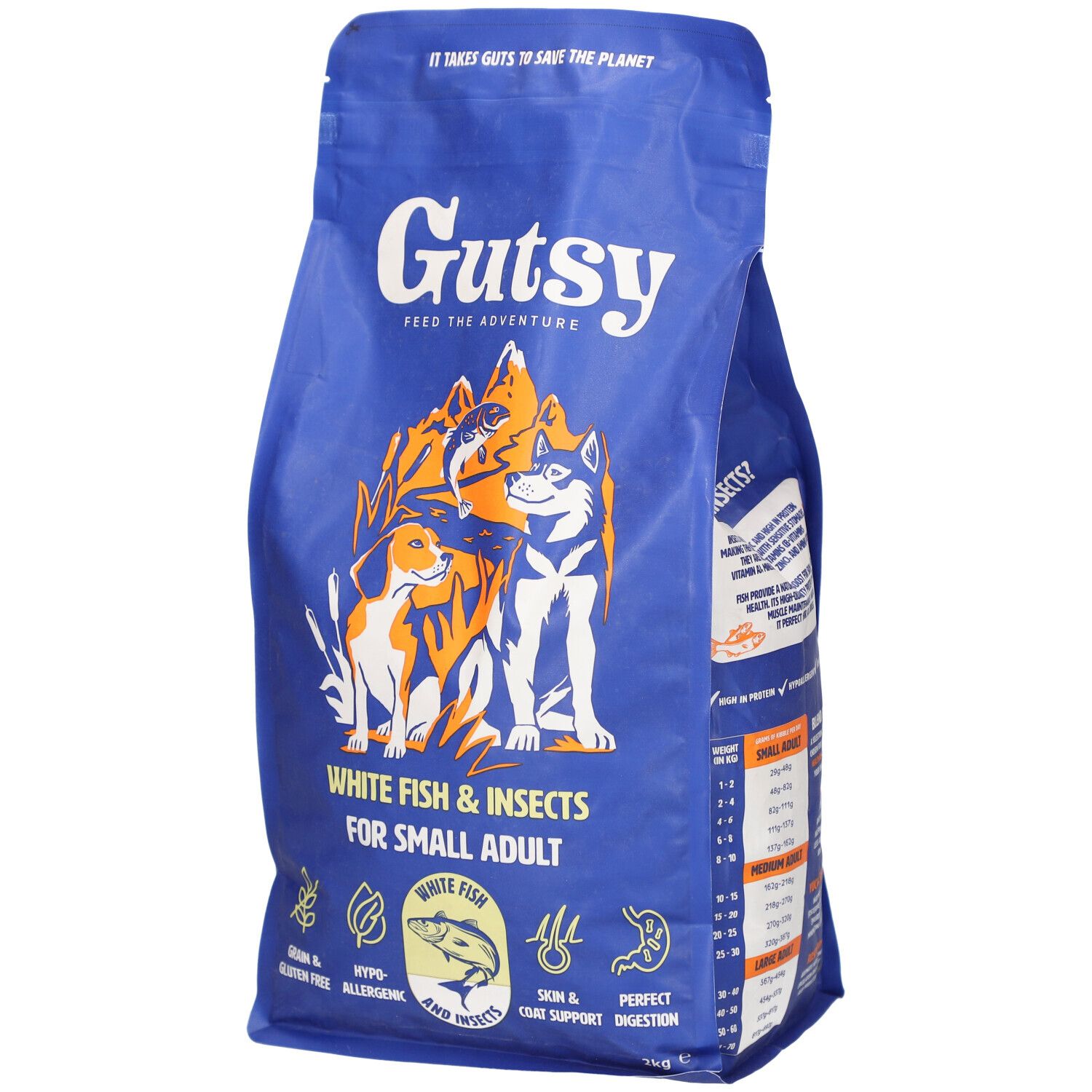 Sac bleu de nourriture pour chiens Gutsy. Inscription : Poisson blanc & insectes pour petits chiens adultes. Illustration de chiens et poissons.