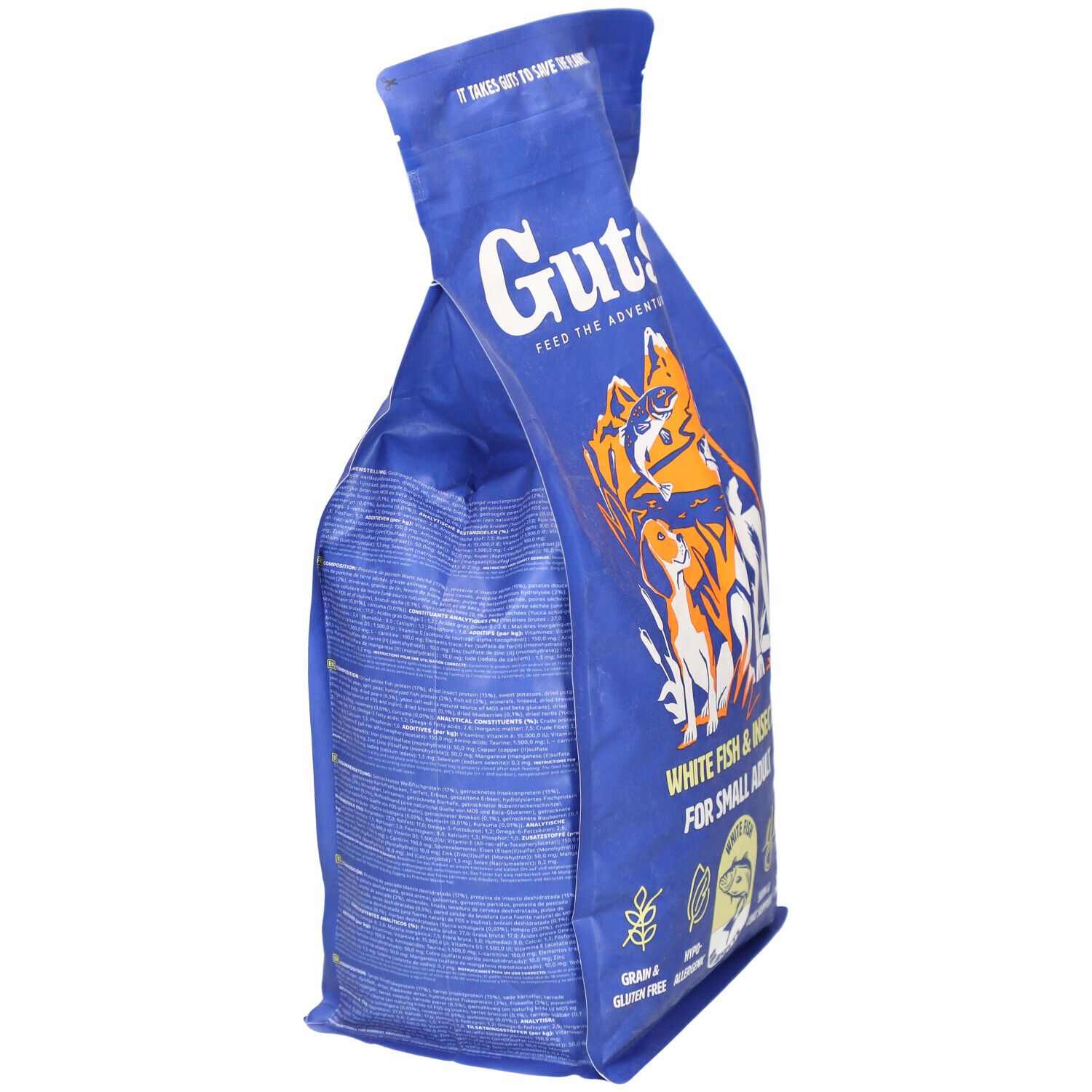 Sac bleu de nourriture pour chiens Gutsy. Inscription : Poisson blanc & insectes pour petits chiens. Sac ouvert.