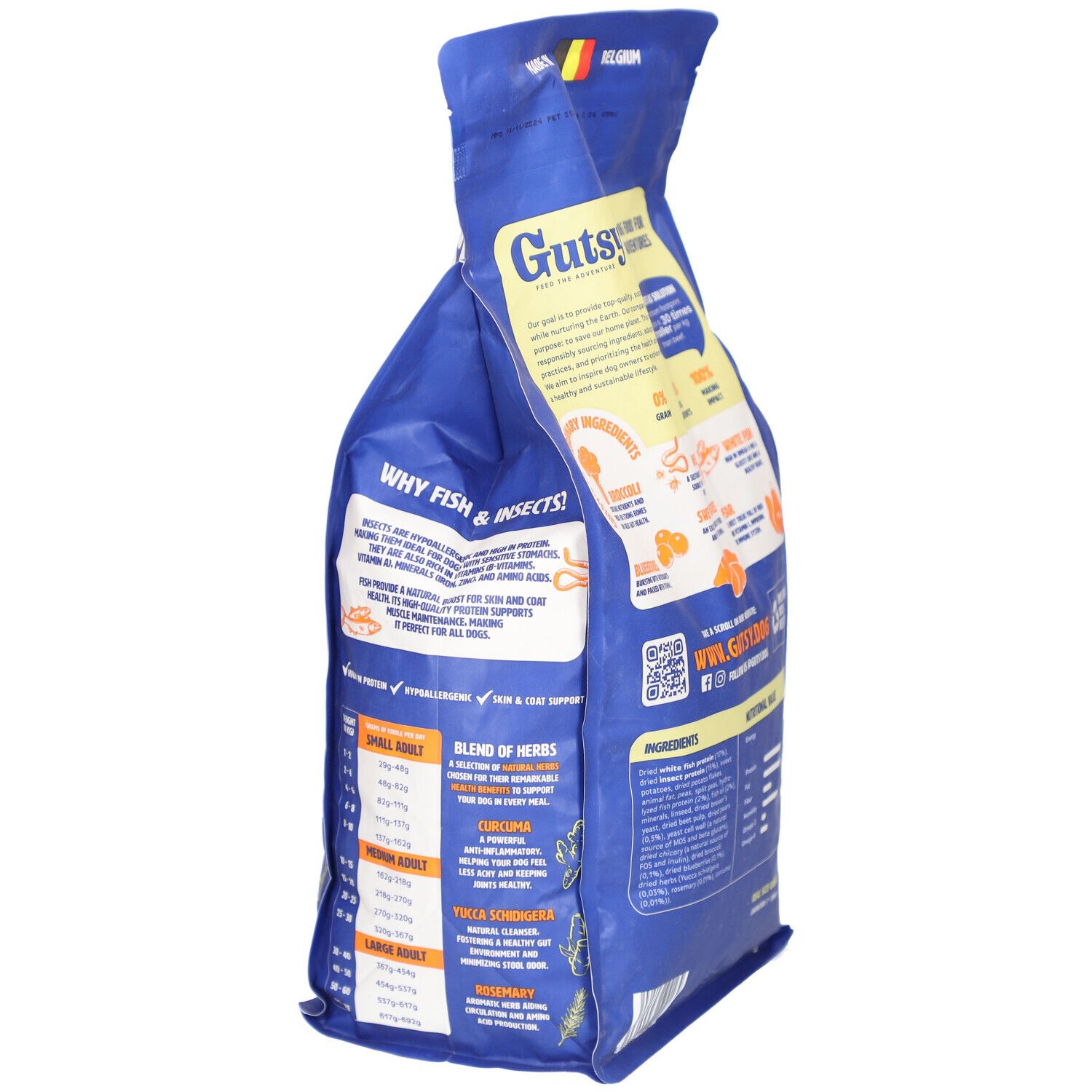 Dos du sac de nourriture pour chiens Gutsy bleu. Texte : Pourquoi poisson & insectes ? Origine Belgique. 100% recyclable.