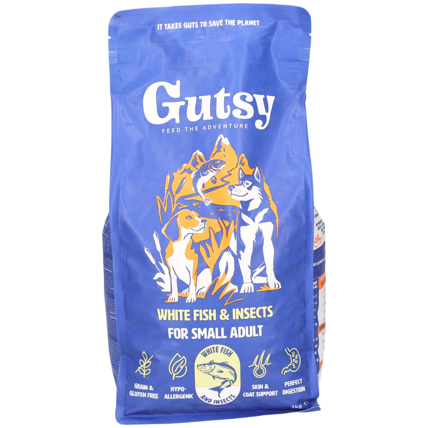 Sac bleu de nourriture pour chiens Gutsy. Inscription : Poisson blanc & insectes pour petits chiens adultes. Illustration de chiens et poissons.