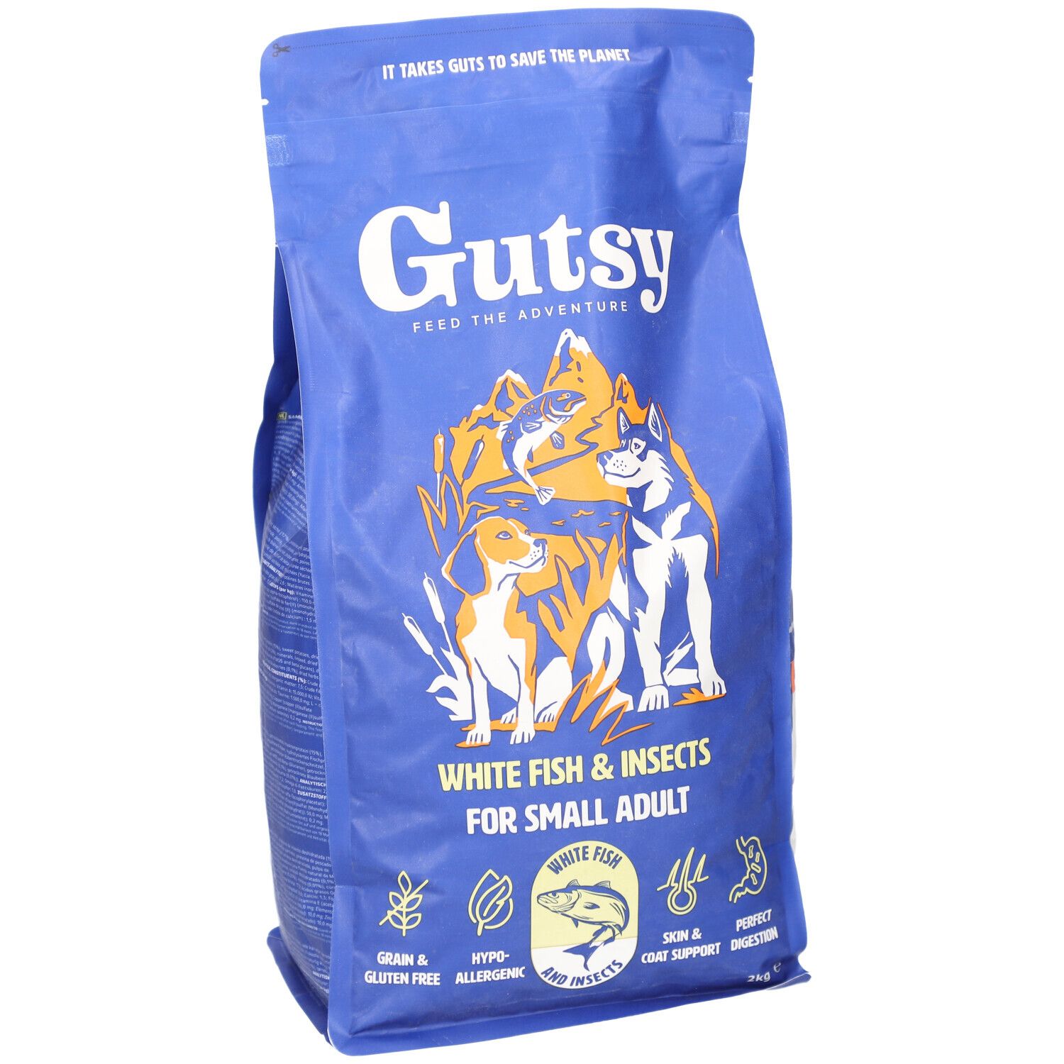 Sac bleu de nourriture pour chiens Gutsy. Inscription : Poisson blanc & insectes pour petits chiens adultes. Illustration de chiens et poissons.