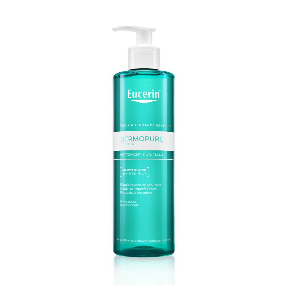 Flacon Eucerin DERMOPURE CLINICAL. Pompe blanche. Texte sur l'étiquette.