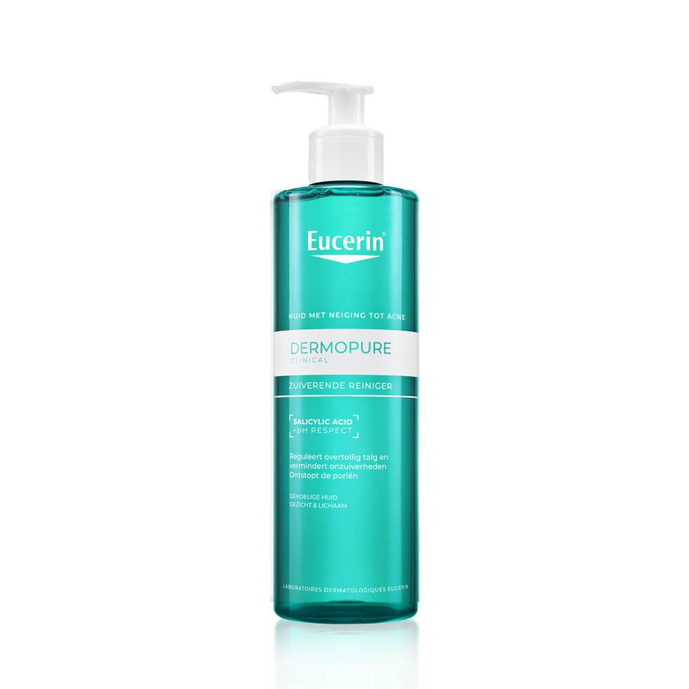 Eucerin DERMOPURE CLINICAL reiniger. Groene fles met pomp. Tekst op etiket.