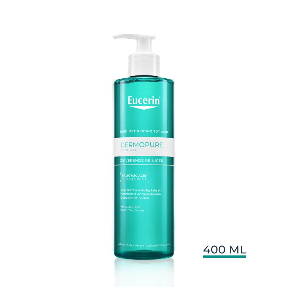 Eucerin DERMOPURE CLINICAL reiniger. Groene fles met pomp. Tekst op etiket.