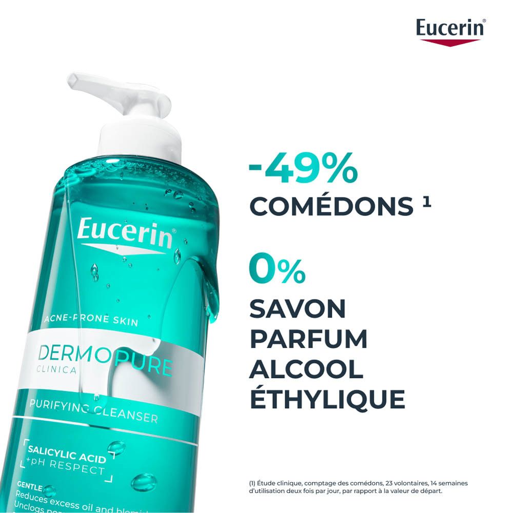 Dos du flacon Eucerin DERMOPURE CLINICAL. Texte et logos.