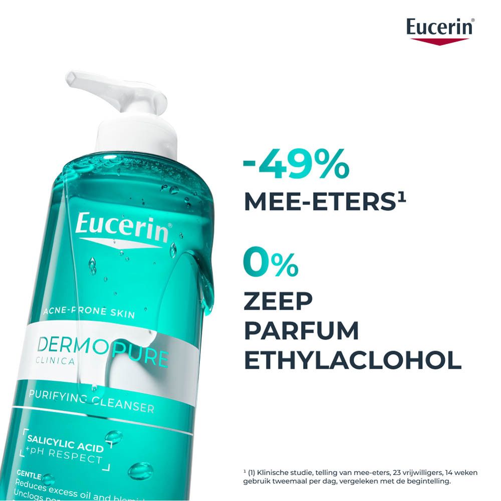 Achterkant van de Eucerin DERMOPURE CLINICAL reiniger fles. Tekst en logo's.