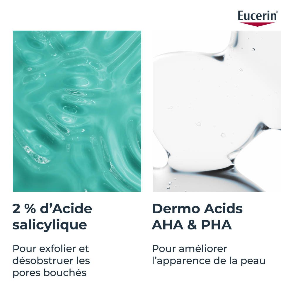Flacon Eucerin DERMOPURE CLINICAL. Pompe blanche. Texte sur l'étiquette.