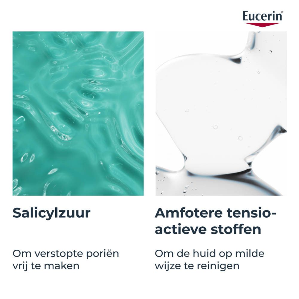 Eucerin DERMOPURE CLINICAL reiniger. Groene fles met pomp. Tekst op etiket.