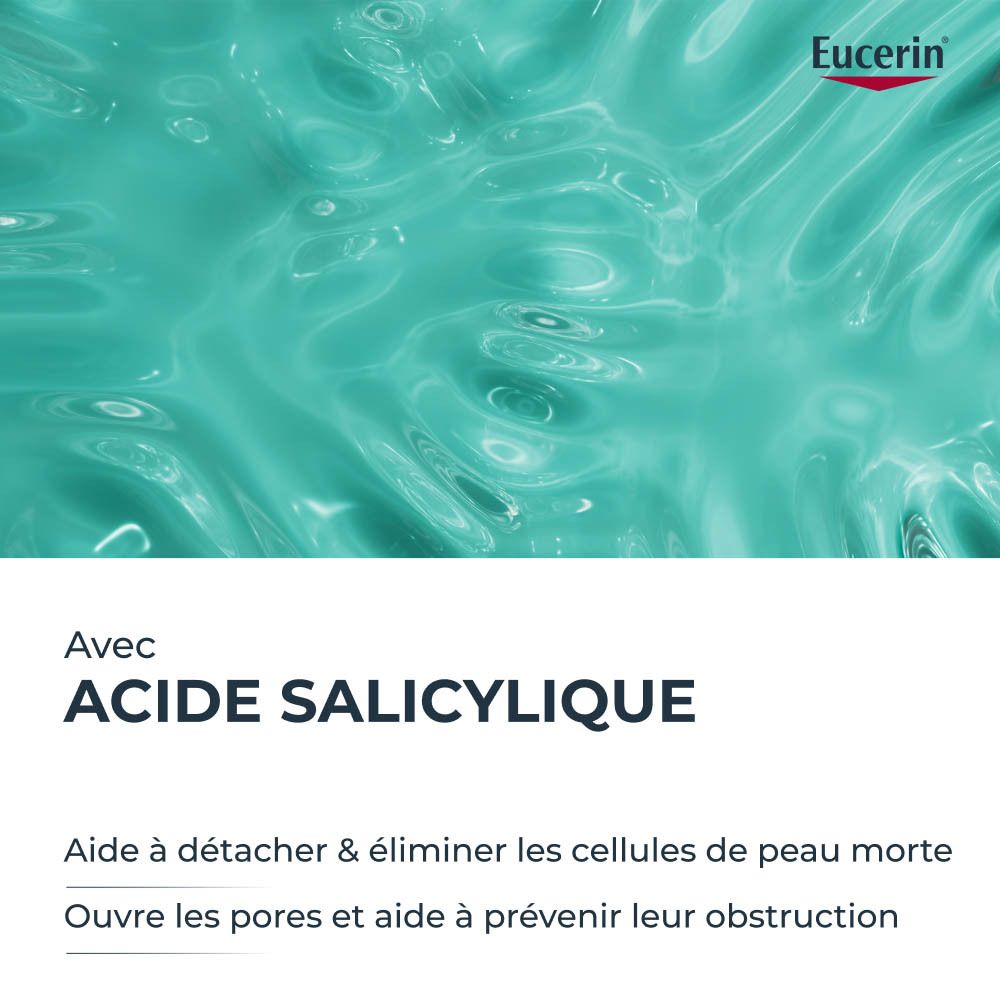 Flacon Eucerin DERMOPURE CLINICAL. Pompe blanche. Texte sur l'étiquette.