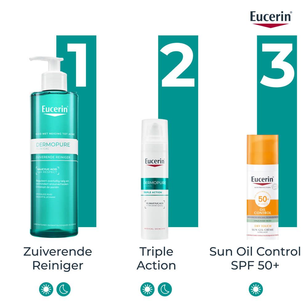 Eucerin DERMOPURE CLINICAL reiniger. Groene fles met pomp. Tekst op etiket.