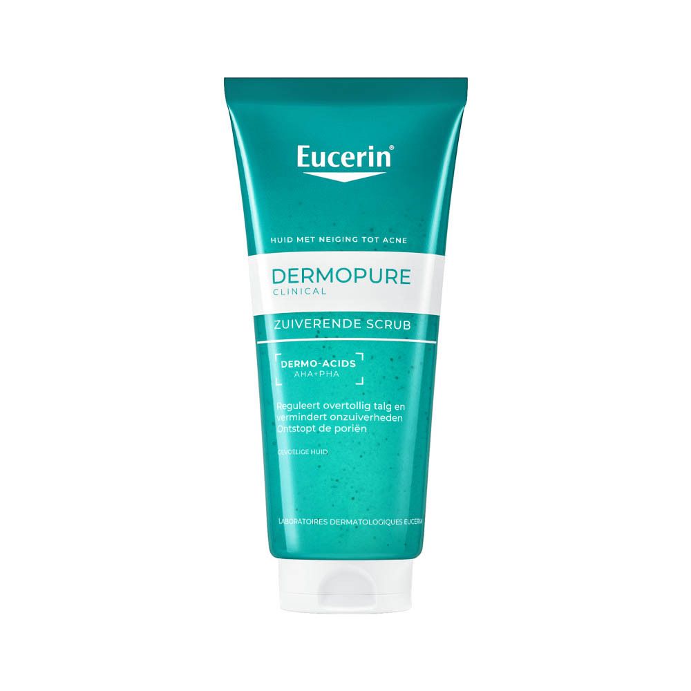 Eucerin DERMOPURE CLINICAL Zuiverende Scrub. Groene en witte tube. Tekst: AHA+PHA, voor de onzuivere huid.