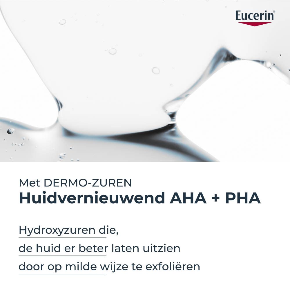 Close-up van AHA + PHA. Tekst: Vernieuwt de huid, verbetert het uiterlijk.