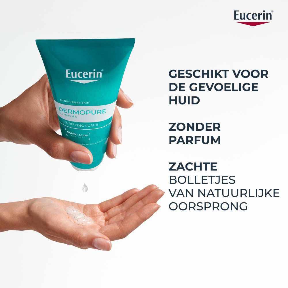 Hand met product, druppel. Tekst: Voor de gevoelige huid, zonder parfum, zachte bolletjes.