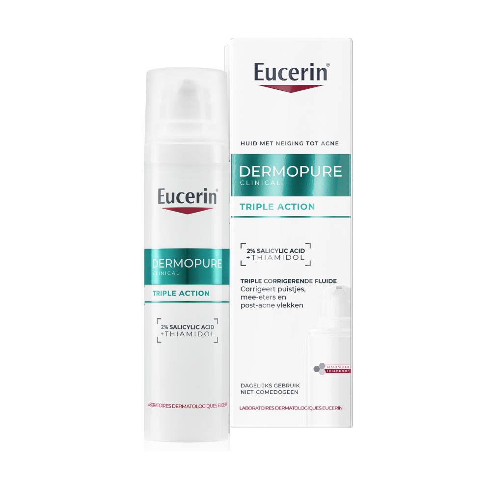 Eucerin DERMOPURE CLINICAL. Product en verpakking. Tekst: Triple Action, 2% Salicylzuur.