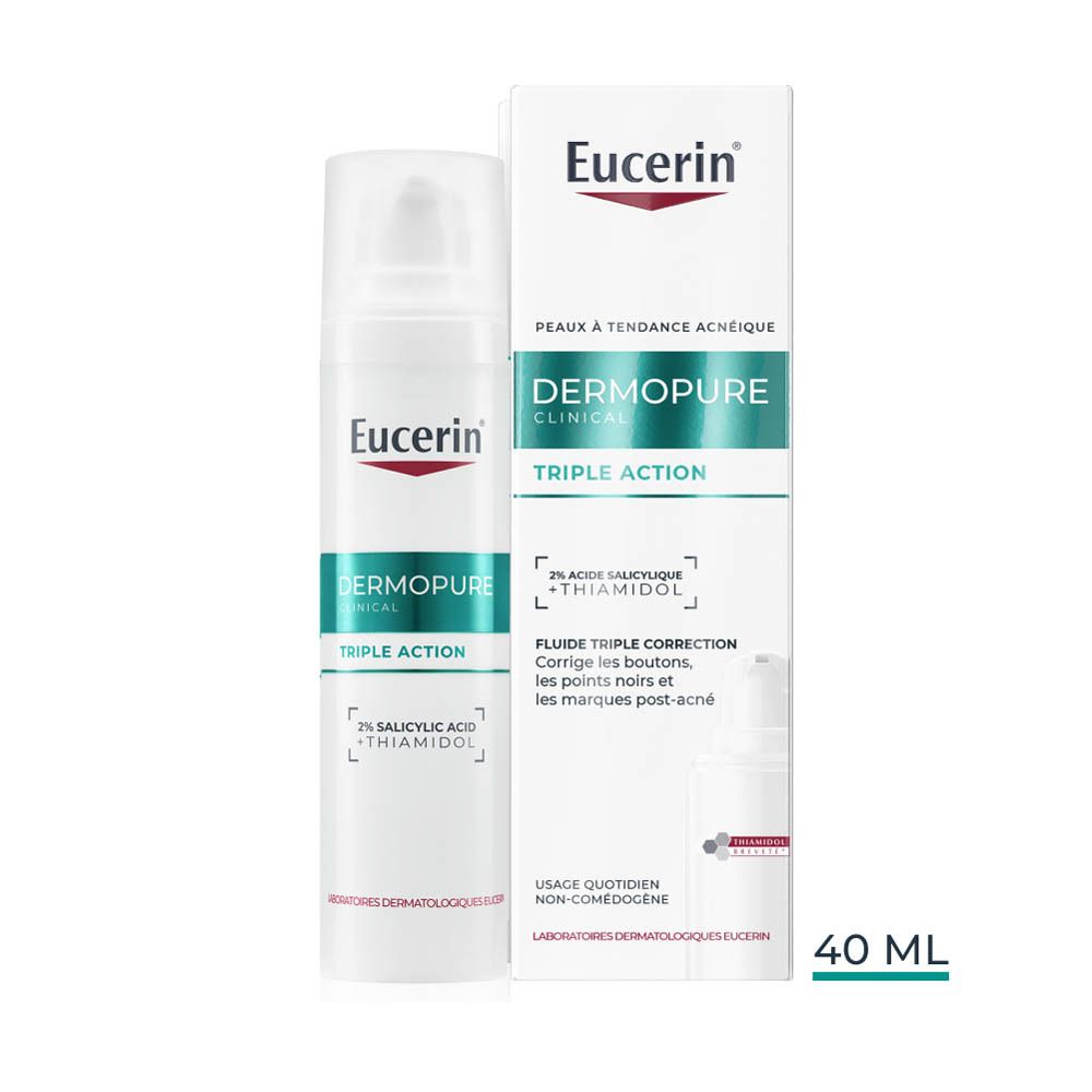 Eucerin DERMOPURE CLINICAL. Produit et emballage. Texte: Triple Action, 2% Acide salicylique.