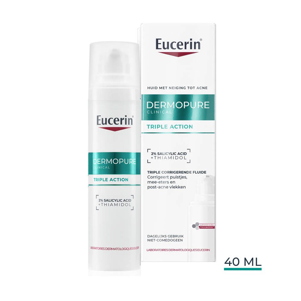 Eucerin DERMOPURE CLINICAL. Product en verpakking. Tekst: Triple Action, 2% Salicylzuur.