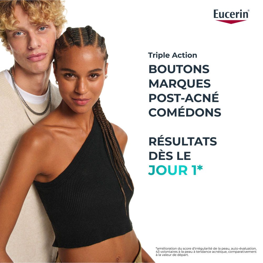 Eucerin DERMOPURE CLINICAL. Produit et emballage. Texte: Triple Action, 2% Acide salicylique.