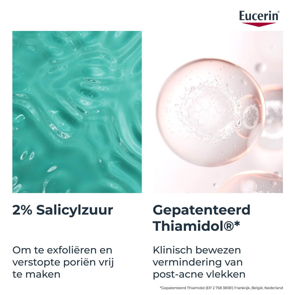 Eucerin DERMOPURE CLINICAL. Product en verpakking. Tekst: Triple Action, 2% Salicylzuur.