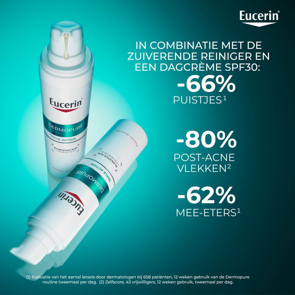 Eucerin DERMOPURE CLINICAL. Witte fles, groen etiket. Dop. Tekst: Triple Action.