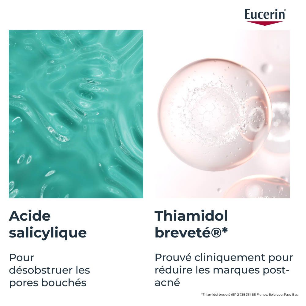 Eucerin DERMOPURE CLINICAL. Flacon blanc, étiquette verte. Bouchon. Texte: Triple Action.