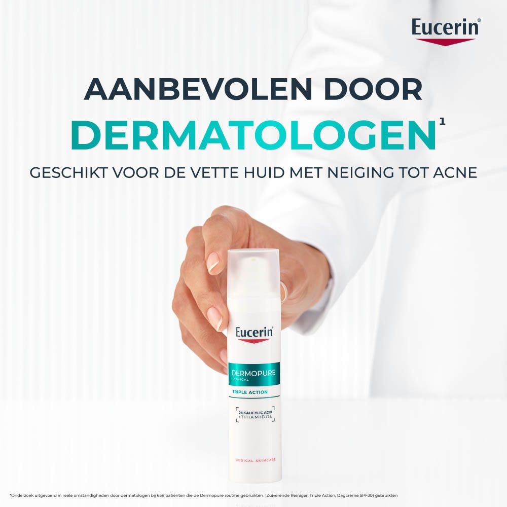Eucerin DERMOPURE CLINICAL. Product en verpakking. Tekst: Triple Action, 2% Salicylzuur.