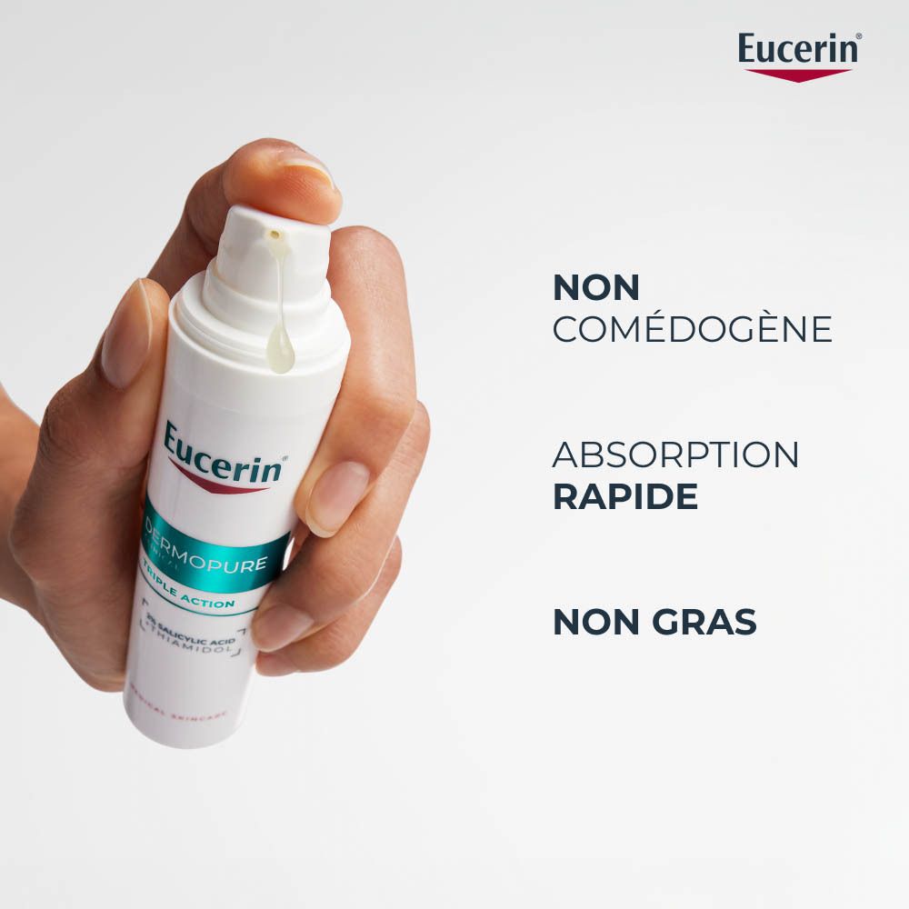 Eucerin DERMOPURE CLINICAL. Produit et emballage. Texte: Triple Action, 2% Acide salicylique.