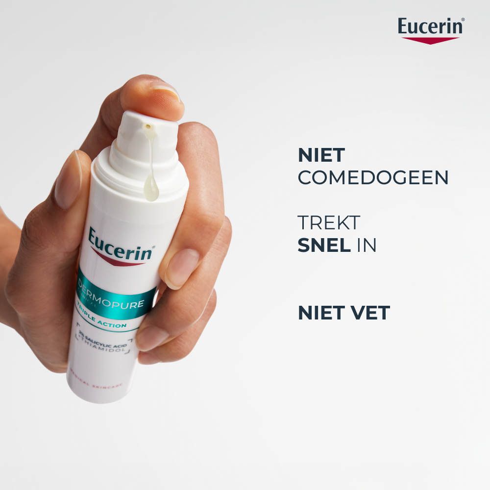 Eucerin DERMOPURE CLINICAL. Product en verpakking. Tekst: Triple Action, 2% Salicylzuur.