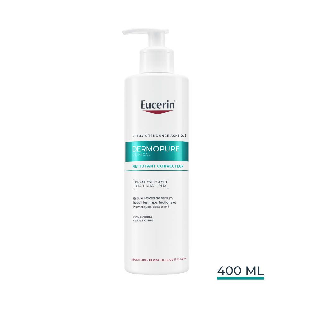 Flacon blanc avec pompe. Eucerin Dermopure Clinical. Dos avec texte et logo.
