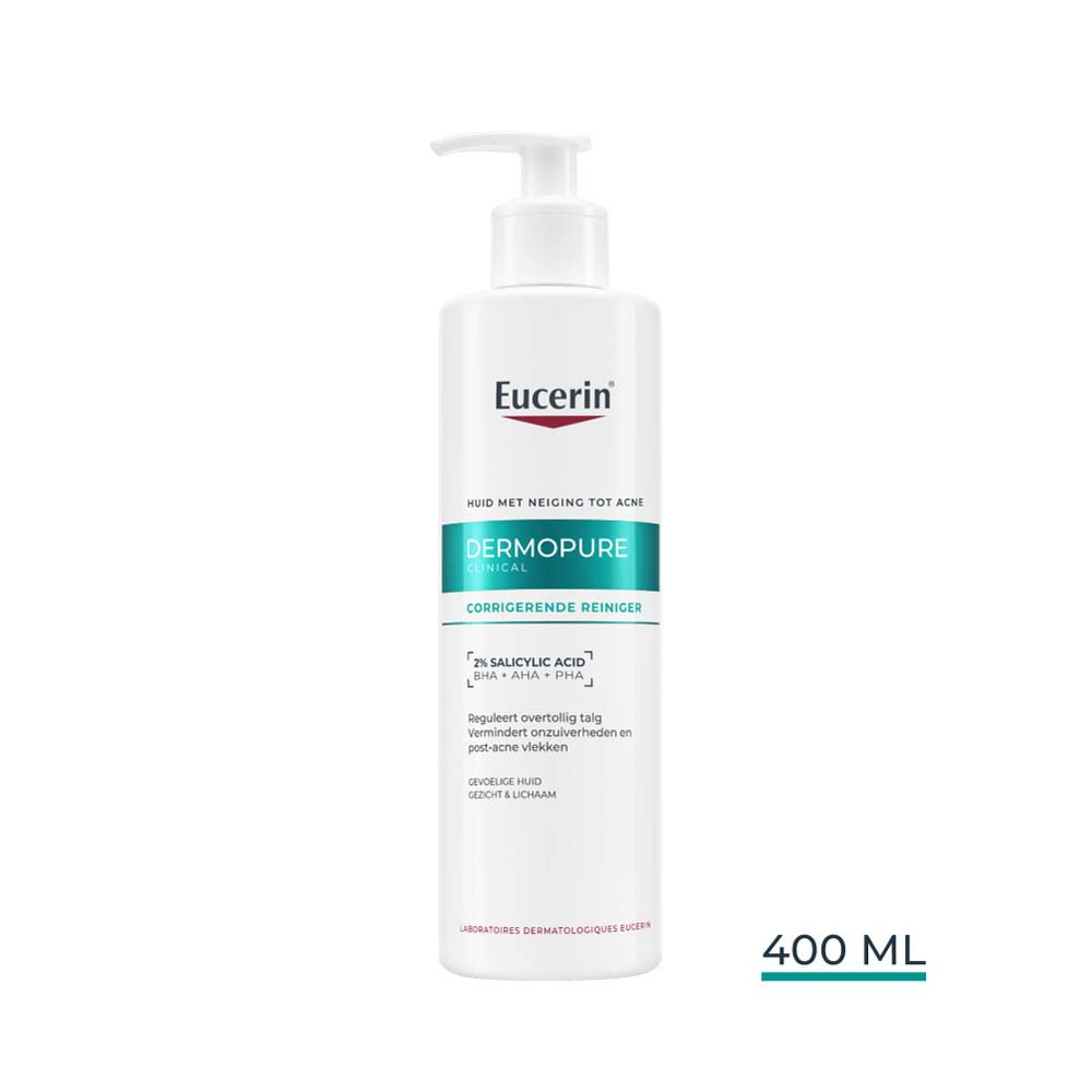 Witte fles met pomp. Eucerin Dermopure Clinical. Achterkant met tekst en logo.
