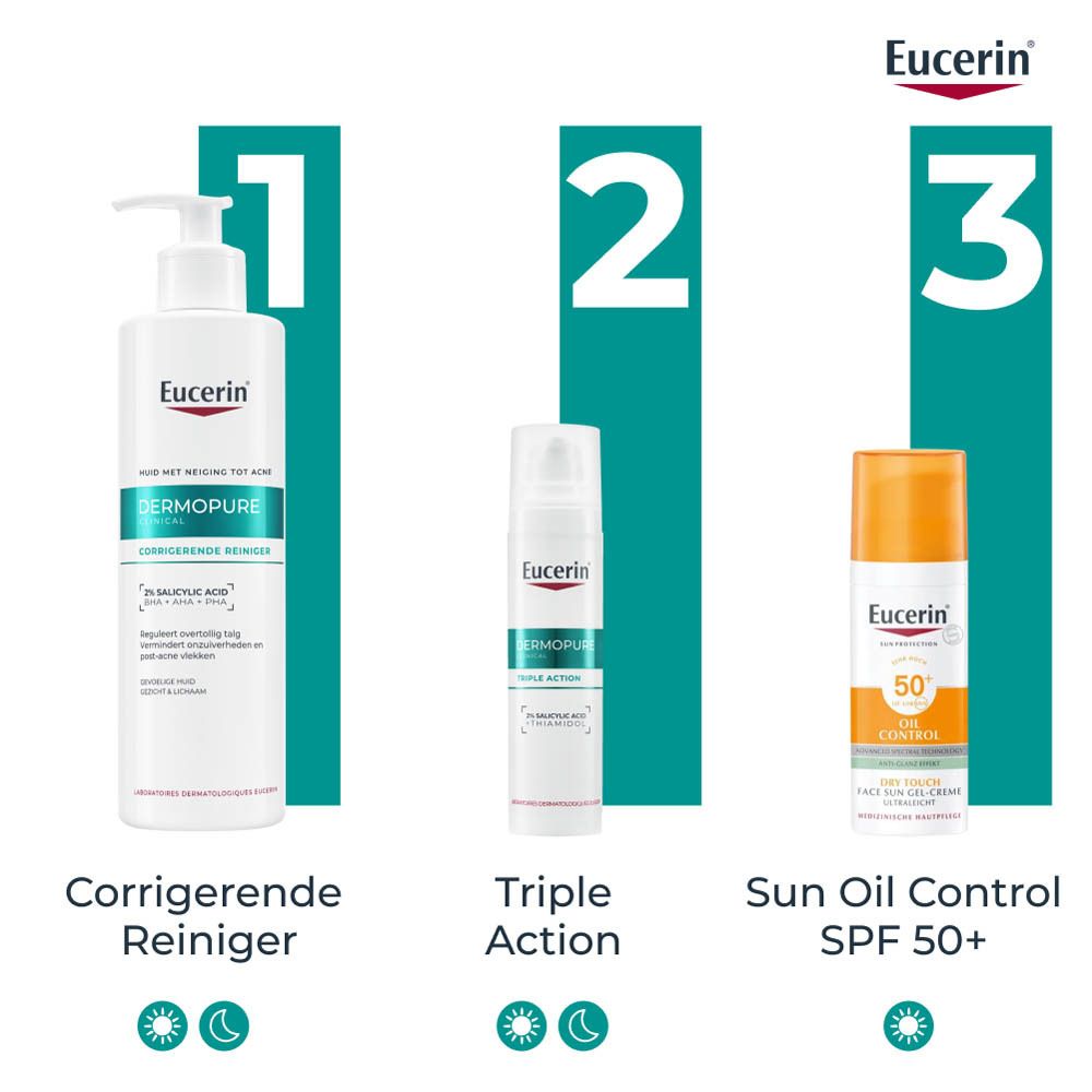 Witte fles met pomp. Eucerin Dermopure Clinical. Achterkant met tekst en logo.