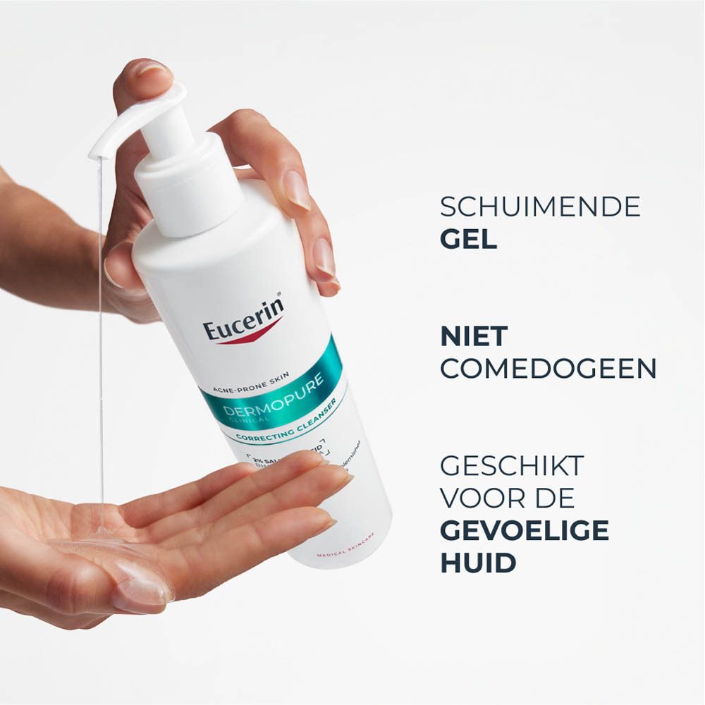 Witte fles met pomp. Eucerin Dermopure Clinical. Voorkant met tekst en logo.
