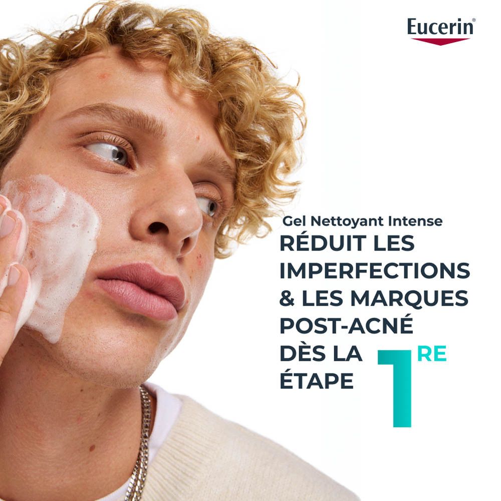 Flacon blanc avec pompe. Eucerin Dermopure Clinical. Face avec texte et logo.