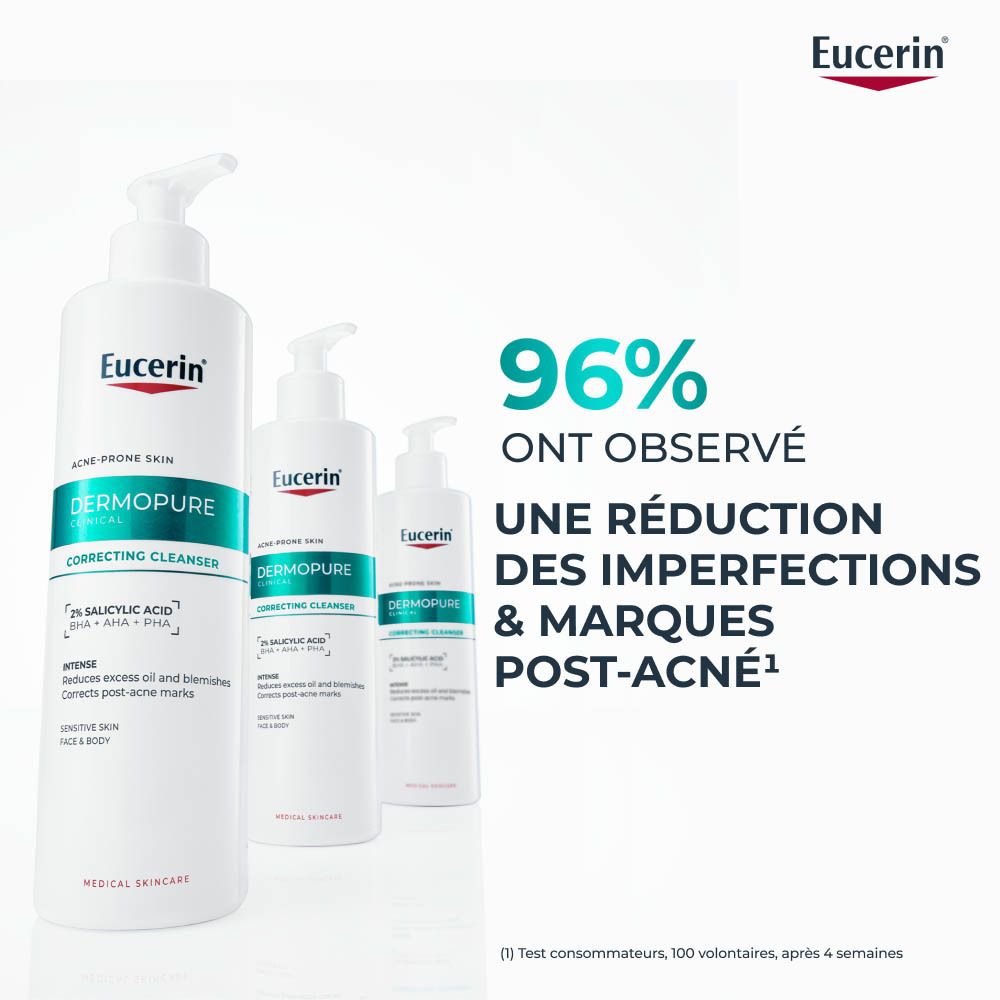 Flacon blanc avec pompe. Eucerin Dermopure Clinical. Dos avec texte et logo.