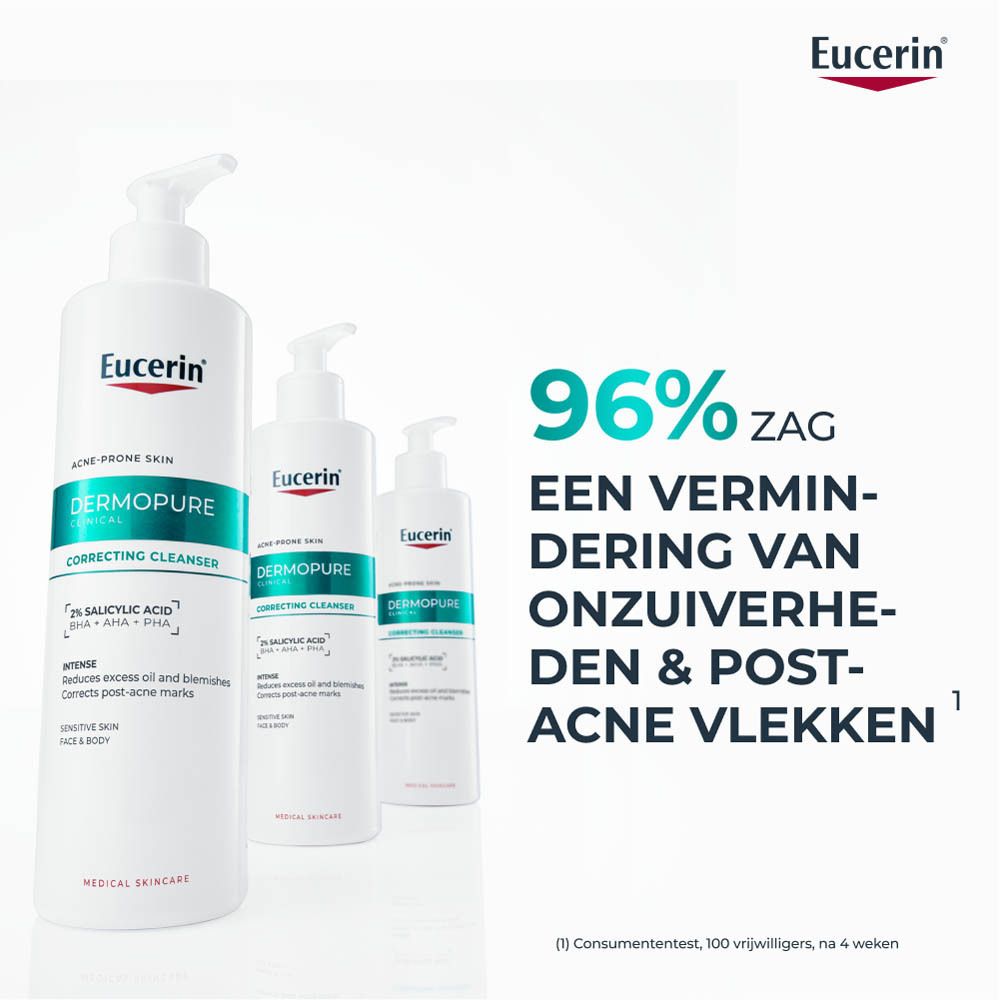 Witte fles met pomp. Eucerin Dermopure Clinical. Achterkant met tekst en logo.