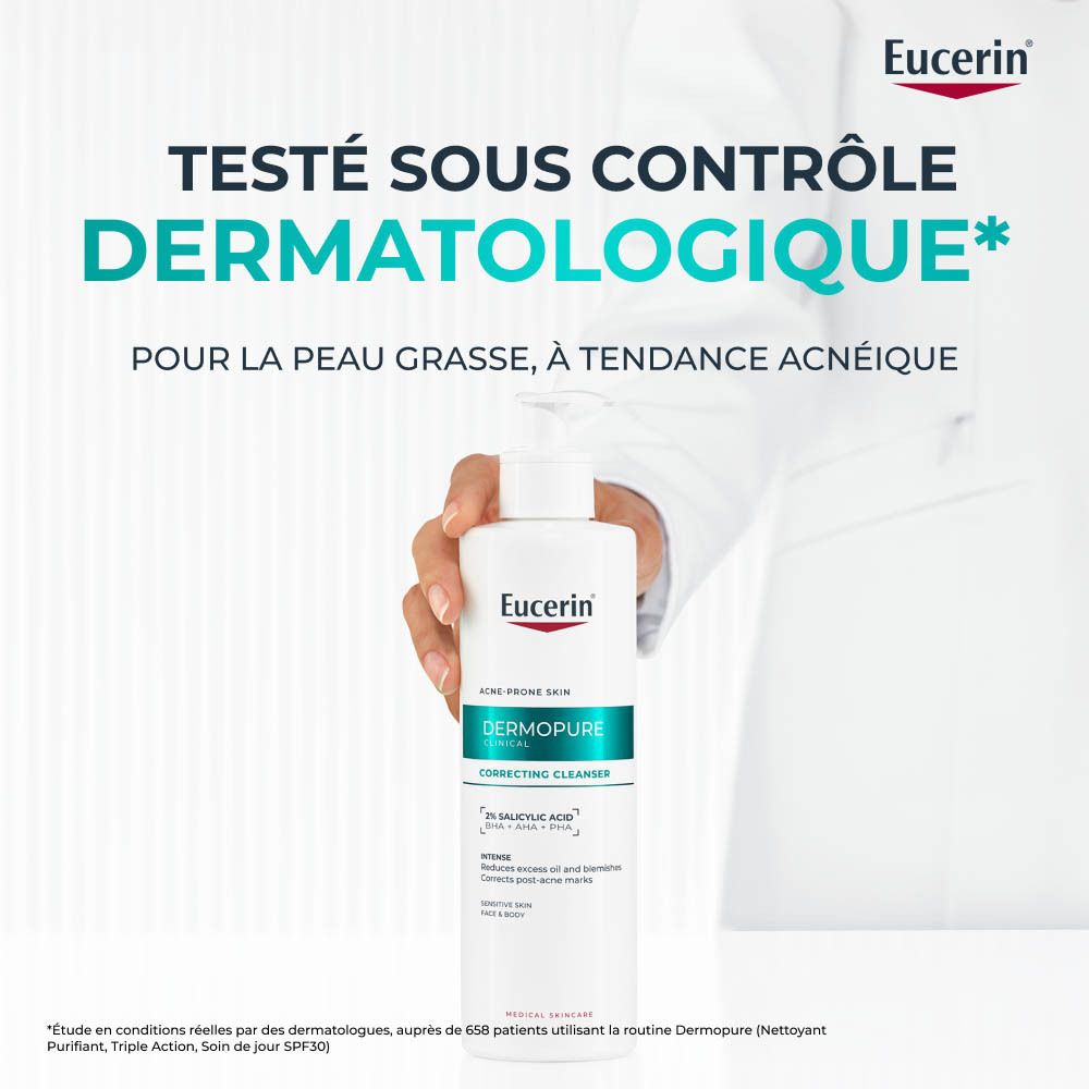 Flacon blanc avec pompe. Eucerin Dermopure Clinical. Face avec texte et logo.